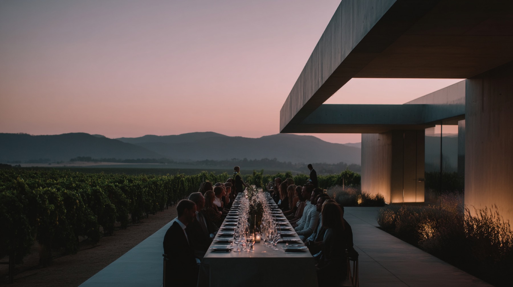 Long dinner table among vineyards at dusk