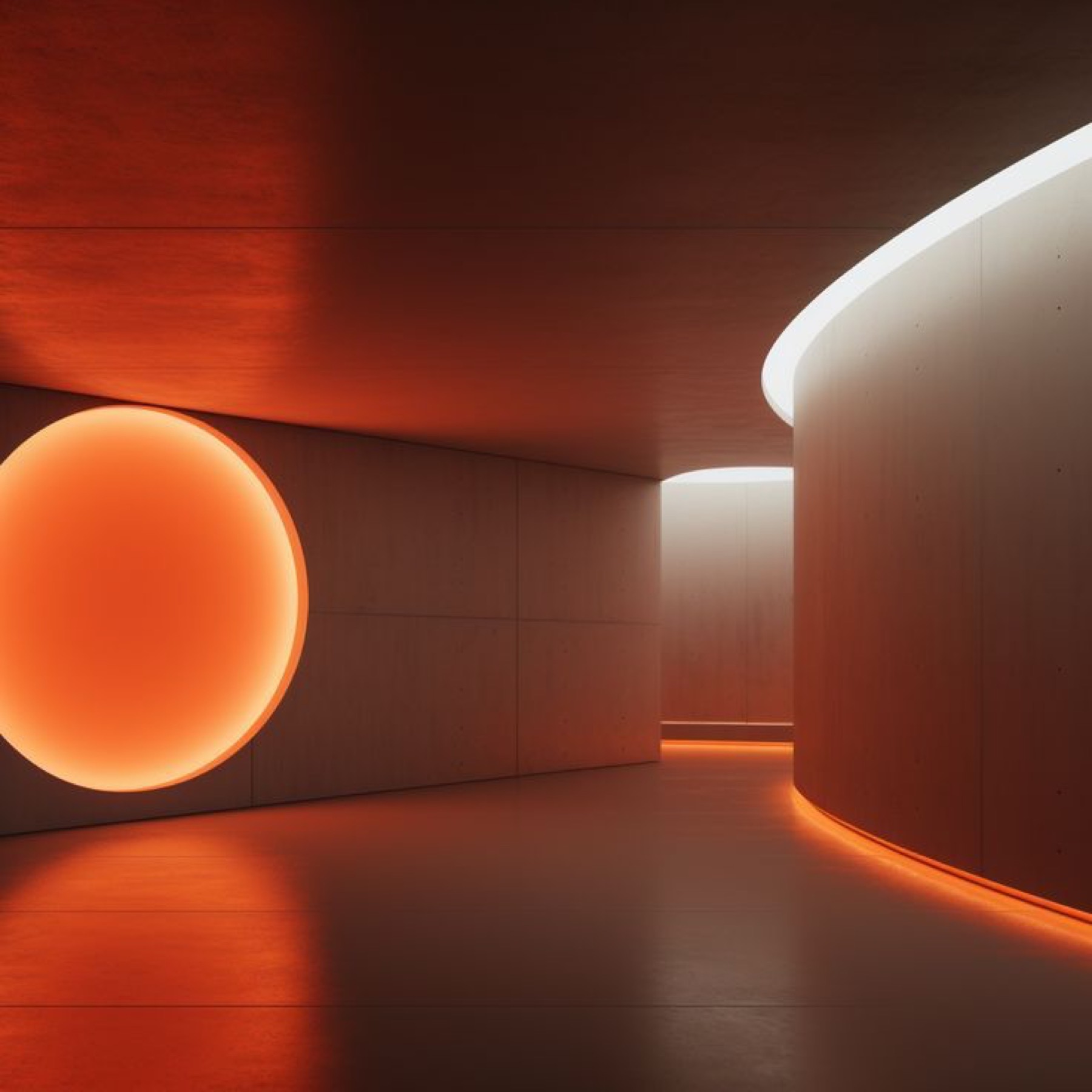 A glowing orange sun-like orb in a minimal room